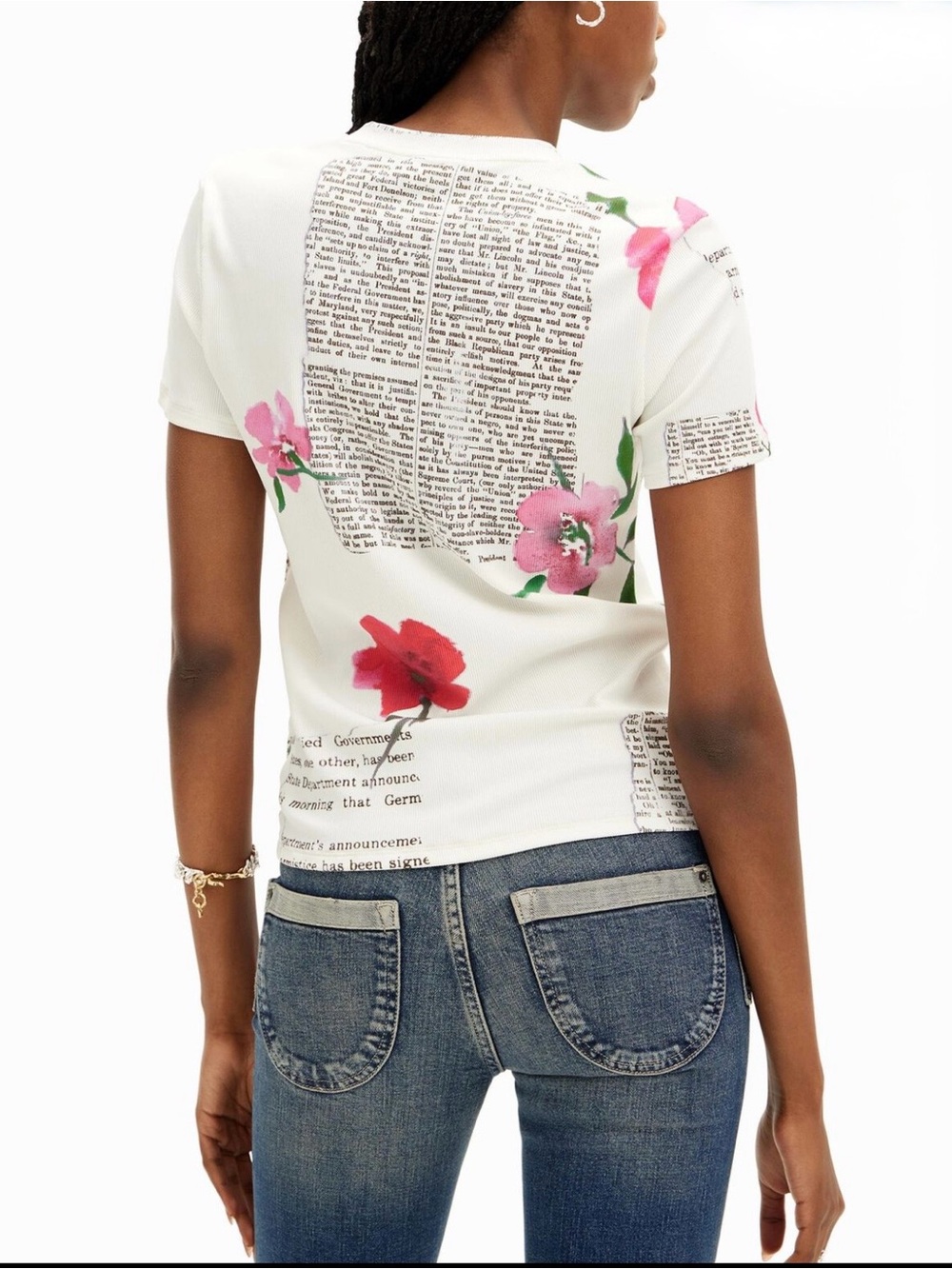 Desigual Floral Newspaper T-Shirt Short Sleeve Size L NWOT - Picture 2 of 16
